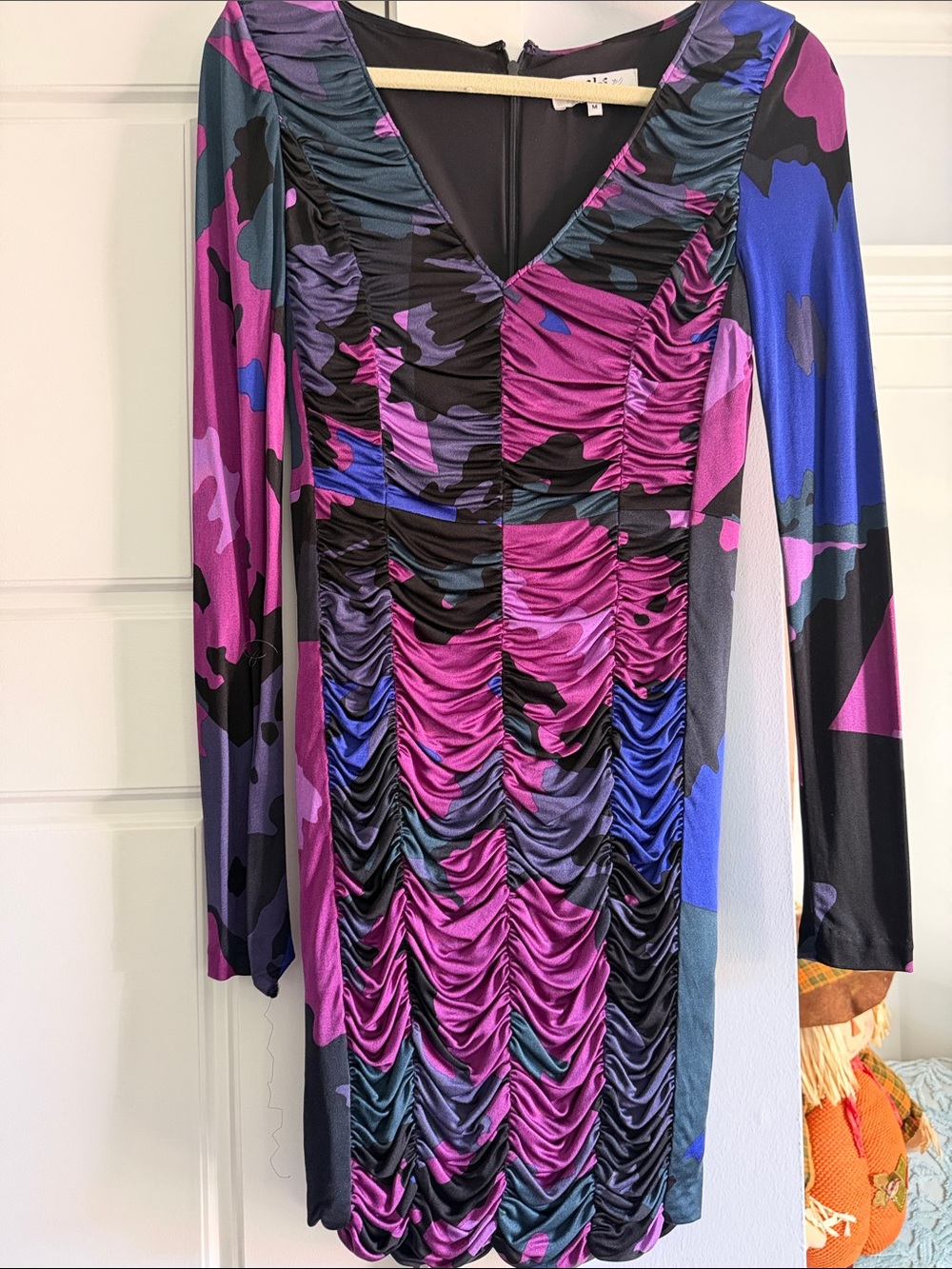Tibi Ruched V-Neck Long Sleeve Dress in Magenta & Blue Camo